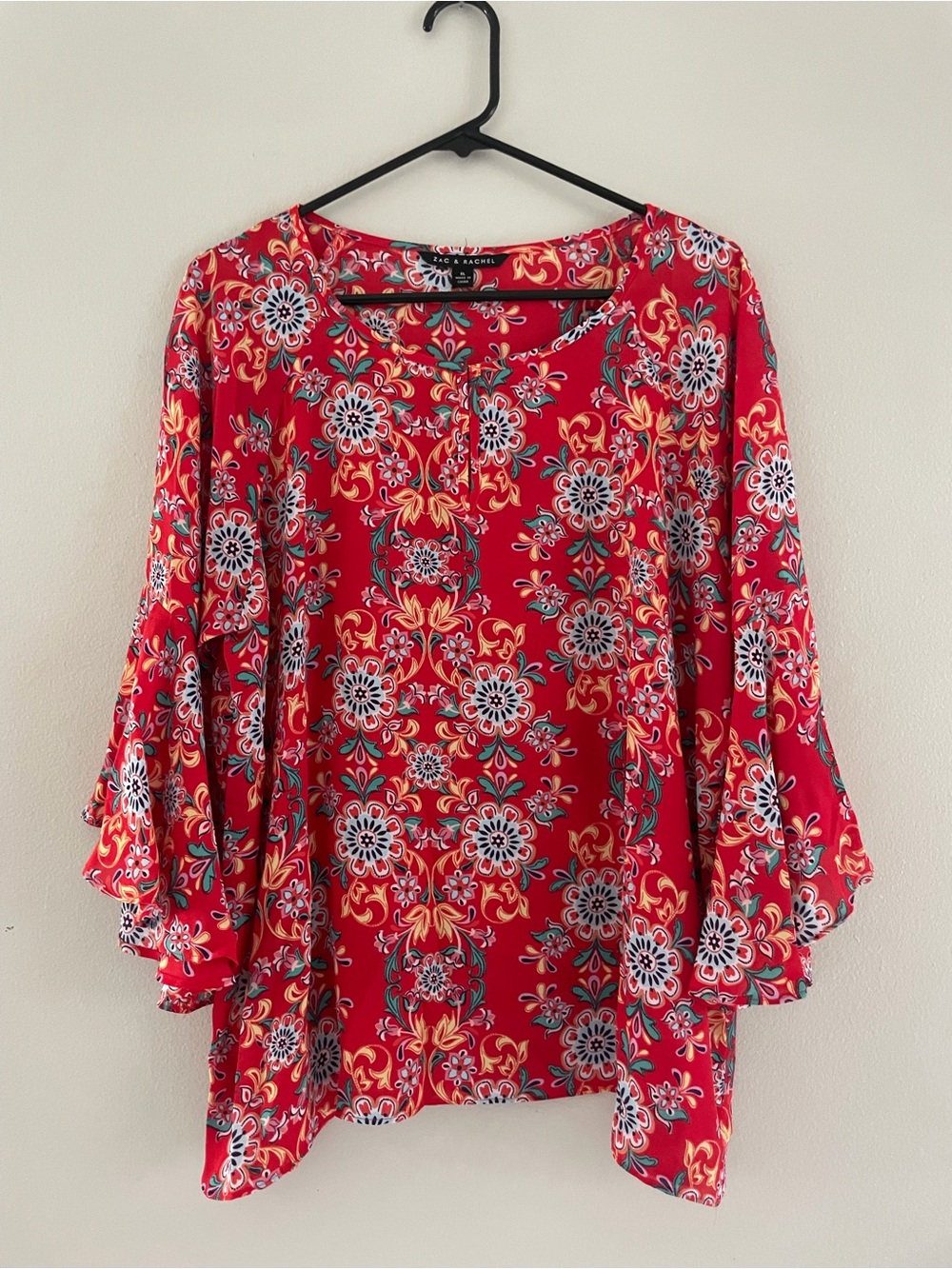 Zac & Rachel Red Floral Bell-Sleeve Blouse